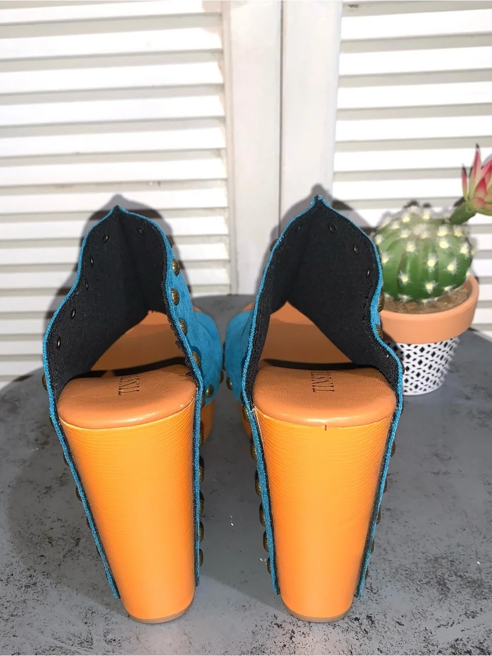 Tinstree Turquoise Vegan Suede Platform Mules Studded Heeled Clogs